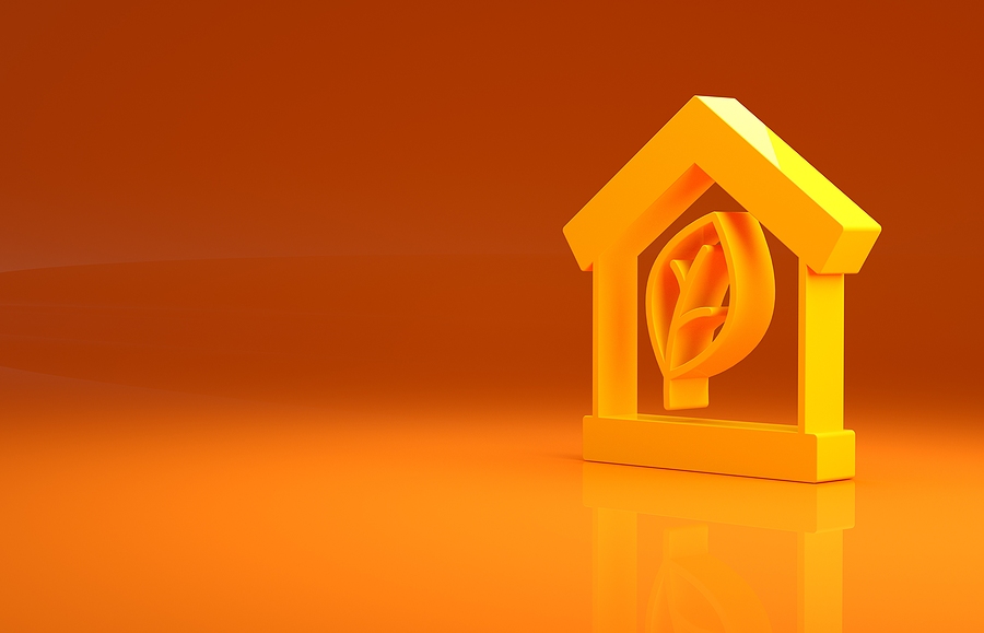 Yellow Eco Friendly House Icon Isolated On Orange Background.